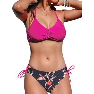 Cupshe Reversible Bikini Set Fuchsia Pink Floral Strappy Halter Medium NEW